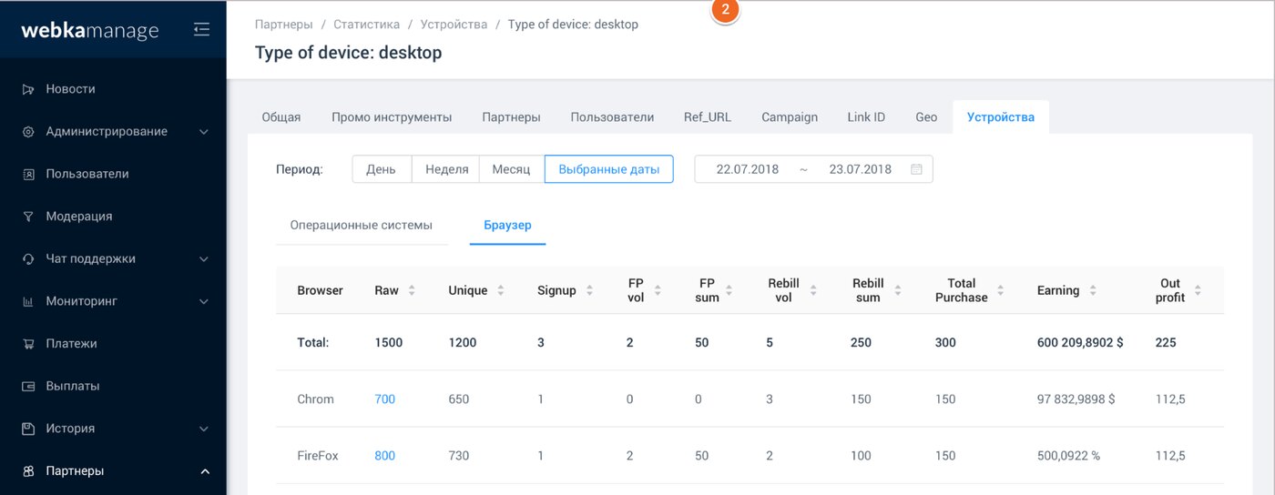 вебка manage — интерфейс административной панели платформы